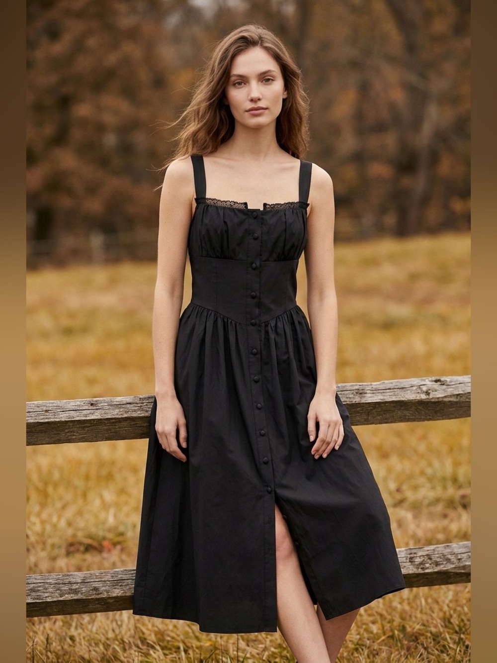 RIHOAS Black Lace Trim Button Front Midi Dress Size Small